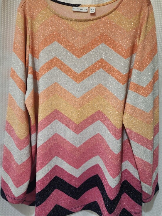 Susan Graver Sweaters - Susan Graver QVC XL Lurex Lightweight Stretch Knit Sweater Chevron Coral Pink